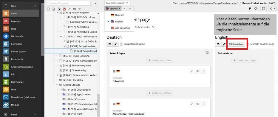 zur Vergrößerungsansicht des Bildes: Screenshot des Backends in dem zwei Sprachversionen angezeigt werden.