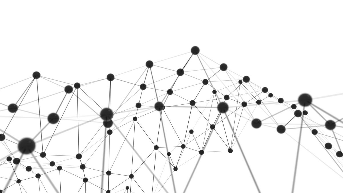 Schematische Darstellung eines Netzwerkes: Weißer Hintergrund und darauf schwarze, verbundene Punkte