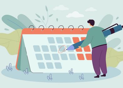 Symbolgrafik: Die Grafik zeigt wie eine Person mit einem überdimensional große Stift einen Termin in einen ebenfalls überdimensional großen Kalender einträgt.