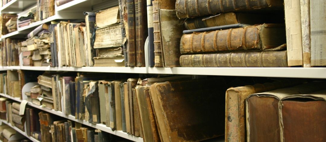 Historische Schriften und Bücher in einem Regal der Universitätsbibliothek "Bibliotheca Albertina"