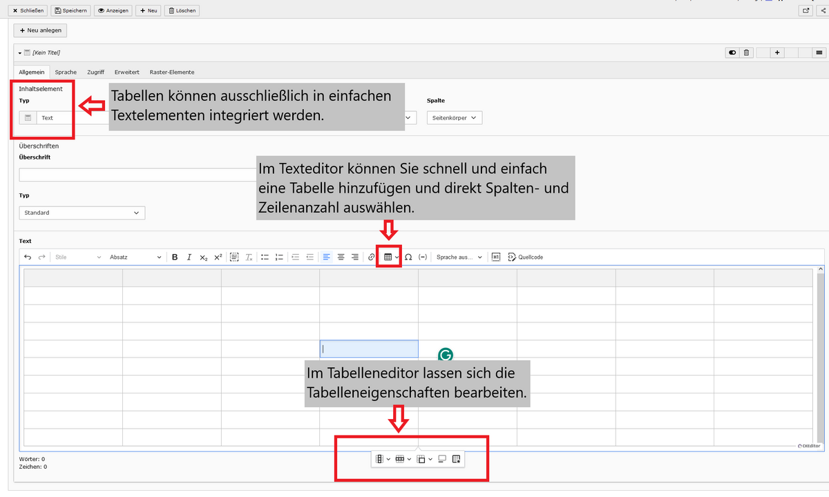 zur Vergrößerungsansicht des Bildes: Abbildung des TYPO3-Backends mit dem Texteditor und einer beispielhaften Tabelle